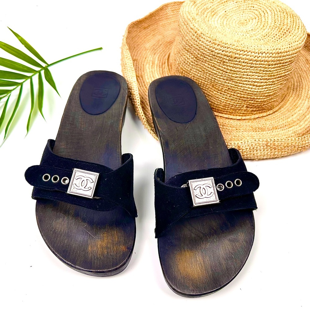 CHANEL SANDALS Mules Slides CC Logo Suede Strap Wooden Platform SIZE 9